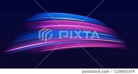 Speed police line. Laser beams, horizontal light rays. Magic shining neon light line trails. Purple glowing wave swirl, impulse cable lines. High speed effect motion blur night lights 120608354