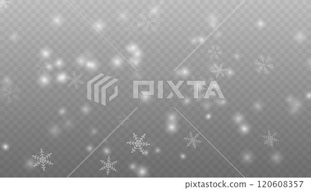 Realistic falling snow with snowflakes and clouds. Vector heavy snowfall, snowflakes in different shapes and forms. Many white cold flake elements on transparent background. Realistic falling snow with snowflakes and clouds. Vector heavy snowfall, snowflakes in different shapes and forms. Many white cold flake elements on transparent background. 120608357