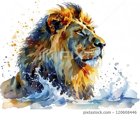 Colorful watercolor lion splashing in water showcasing vibrant artistic style and powerful presence 120608446