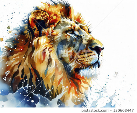 Vibrant watercolor painting of a lion showcasing strength and grace in a beautifully blended color palette 120608447