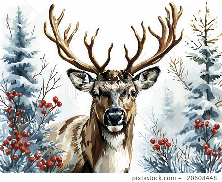 Majestic deer surrounded by winter trees and red berries in a serene snowy landscape 120608448