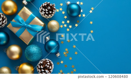 Light Blue and Gold Christmas Arrangement with Gift Box and Baubles on Light Blue Background. Elegant, Festive Christmas Banner, Template, Copy Space, Social Media Post 120608480
