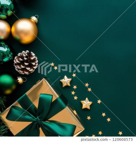 Dark Green and Gold Christmas Arrangement with Gift Box and Baubles on Dark Green Background. Elegant, Festive Christmas Banner, Template, Copy Space, Social Media Post 120608573