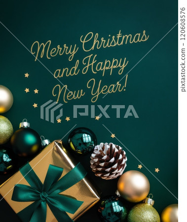 Dark Green and Gold Christmas Arrangement with Gift Box and Baubles on Dark Green Background. Elegant, Festive Christmas Banner, Template, Copy Space, Social Media Post 120608576