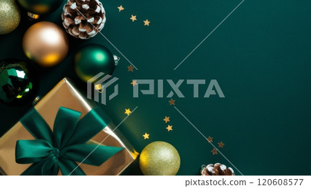 Dark Green and Gold Christmas Arrangement with Gift Box and Baubles on Dark Green Background. Elegant, Festive Christmas Banner, Template, Copy Space, Social Media Post 120608577