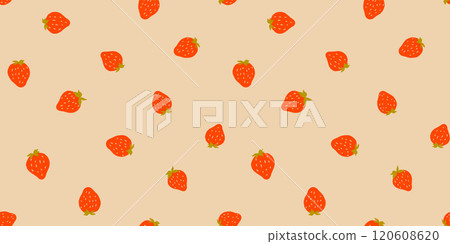 Strawberry Small Red Berries on Beige Background. Vintage Vector Seamless Pattern 120608620