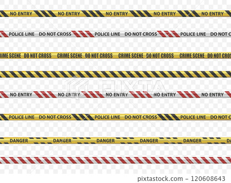 Yellow striped police cordon tape for crime scene 120608643