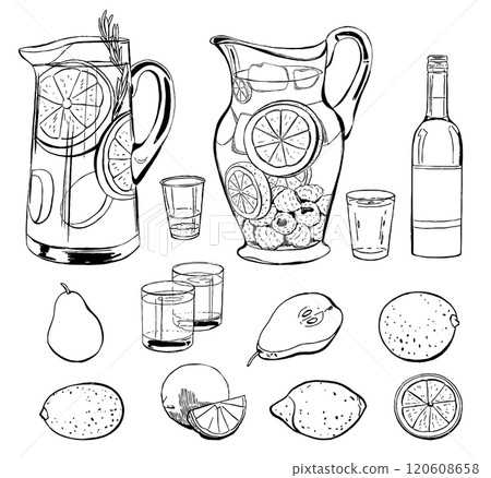 Summer Refreshments with Fruits and Berries. Black Vector Outline Drink Illustration Set Isolated on White 120608658
