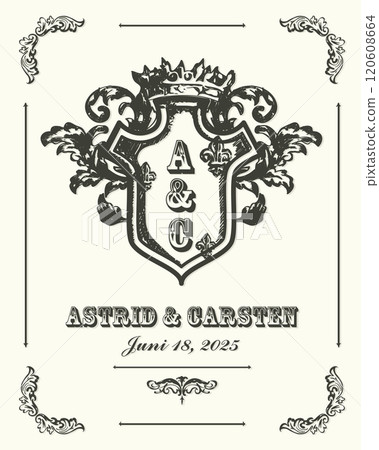 Wedding Invitation Card Template with Vintage Ink Heraldic Silhouette and Design Elements. Vector Illustration 120608664
