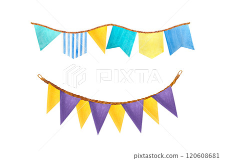 Flag garland set isolated on white. High quality hand-drawn watercolor illustration blue, purple, red yellow for baby shower, cards, birthday celebrations, event programs, stickers, packages design 120608681