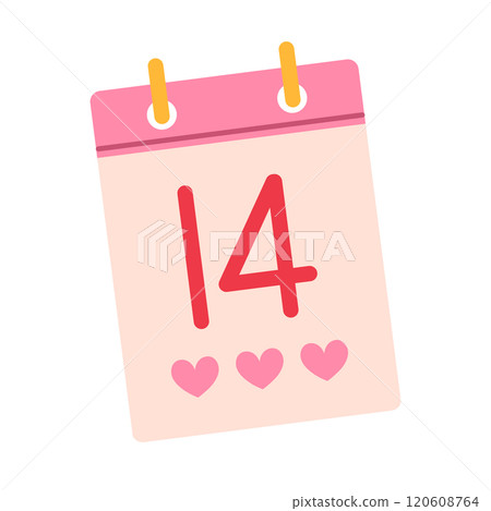 Valentines day calendar with a hearts. February 14 tear-off calendar. Flat vector isolated illustration 120608764