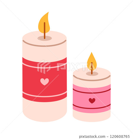 Two burning wax candles with hearts. Valentines day and love date concept. Flat vector isolated illustration 120608765