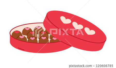 Open box of chocolates. Valentines day gift. Isolated flat vector illustration Open box of chocolates. Valentines day gift. Isolated flat vector illustration 120608785