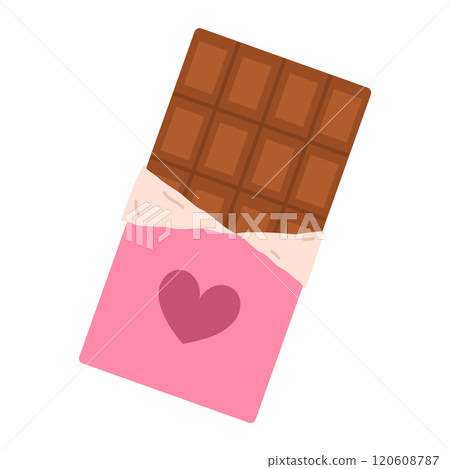 Bar of chocolate in pink torn package with heart. Valentines day concept. Flat vector isolated illustration Bar of chocolate in pink torn package with heart. Valentines day concept. Flat vector isolated illustration 120608787