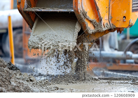 Pouring fresh concrete from a concrete mixer at a construction site. Pouring fresh concrete from a concrete mixer at a construction site. 120608909