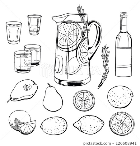 Sangria Refreshments with Fruits Set. Black Vector Outline Drink Illustration Collection Isolated on White 120608941