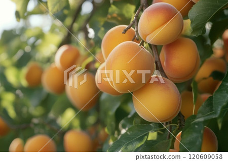 Ripe whole apricots on the tree. 120609058
