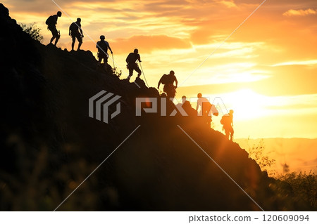 People climbing rocky mountain slope during a sunrise. 120609094