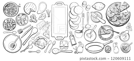 Food and Tools for Home Baking. Black Vector Illustration Set 120609111