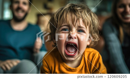 A child cries while parents argue in the background. The crying child highlights the emotional pain and turmoil caused by parental arguments. Generative AI. 120609205