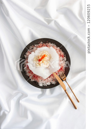 Scallop Tartare with Lychee Sorbet and Salmon Roe on Ice 120609255