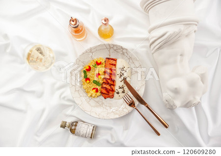 Salmon with Creamy Bulgur and Parmesan Espuma 120609280
