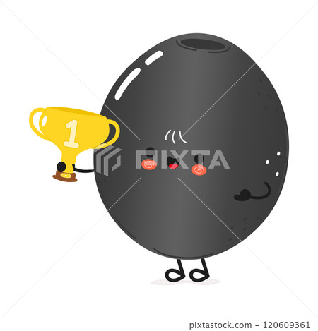 Cute cartoon Black Olive character holding a trophy. Vector hand drawn cartoon kawaii character illustration icon. Isolated on white background. Black Olive with winner trophy cup 120609361