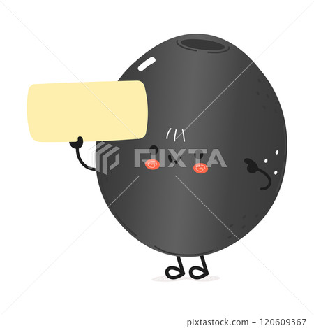 Cute black Olive character holding a blank sign. Vector hand drawn cartoon kawaii character illustration. Isolated white background. Olive poster 120609367