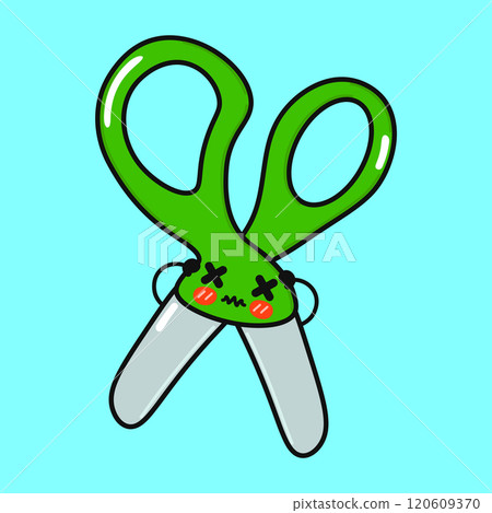 Angry Scissors character. Vector hand drawn cartoon kawaii character illustration icon. Isolated on blue background. Sad Scissors character concept 120609370
