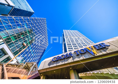 Tokyo cityscape in Japan: A city with pedestrian bridges. View of Shibuya AQUS, Shibuya Cross Tower, Shibuya Hikarie, etc. = 25th 120609438