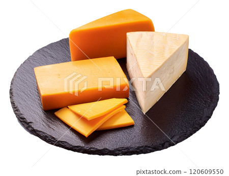 Selection of Cheddar Cheese on Slate Platter 120609550