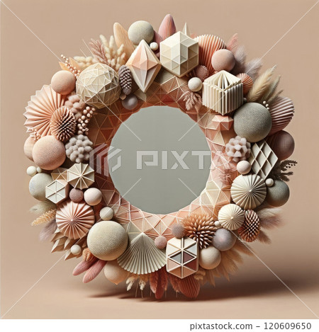 Christmas wreath featuring geometric ornaments and textured spheres on soft beige background 120609650