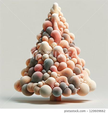 Abstract Christmas tree composed of layered spheres with textured patterns and pastel natural beige palette Abstract Christmas tree composed of layered spheres with textured patterns and pastel natural beige palette 120609662
