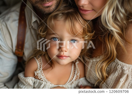 Family togetherness Parents lovingly embrace their cute little daughter 120609706