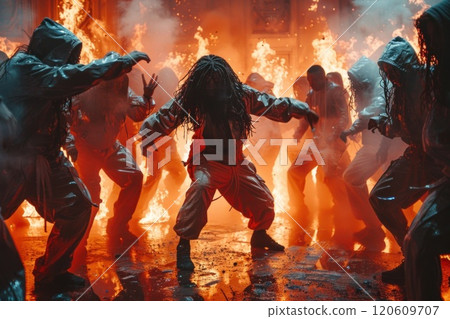 Energetic backup dancers performing with fire and passion on stage for a live audience. 120609707