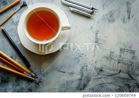 Artistic Still Life with Teacup and Brushes on a Textured Surface 120609749