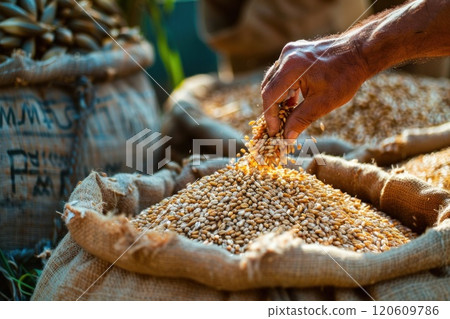 Rustic burlap sack full of golden wheat grains spilling out in a bountiful and messy harvest scene 120609786