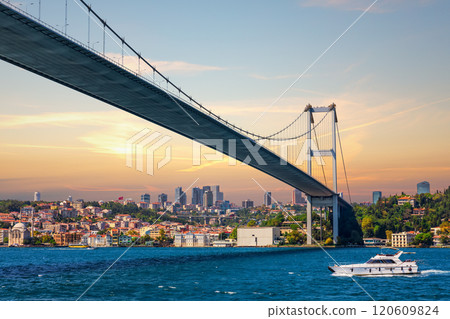 The boat near the Bosphorus bridge and modern Istanbul view, Turkey 120609824