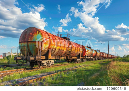 Rusty Train Cars Abandoned on Tracks Under Clear Blue Sky with Fluffy White Clouds Rolling By 120609846