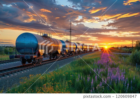 Train tracks at sunset with colorful sky and wildflowers in the foreground 120609847