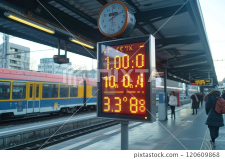 Modern digital clock at a train station with a train in the background Modern digital clock at a train station with a train in the background 120609868