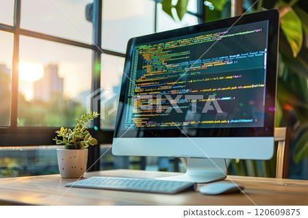 Close-up of computer monitor with colorful programming code on dark blue background 120609875