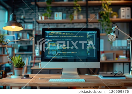 Modern iMac on a wooden table with a lamp, plant, and books in the background 120609876