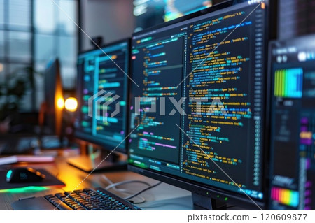 Dedicated Programmer Focused on Writing Code in Dimly Lit Room with Multiple Monitors 120609877