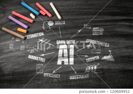 Earn With AI Concept. Black scratched textured chalkboard background 120609952
