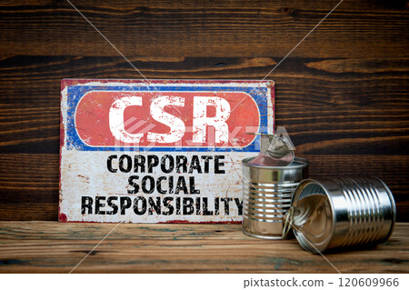 CSR CORPORATE SOCIAL RESPONSIBILITY. Sign with text on wood texture background 120609966