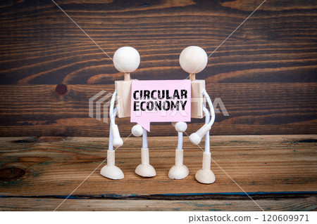 Circular Economy. Speech bubble with text in the hands of a human figures Circular Economy. Speech bubble with text in the hands of a human figures 120609971