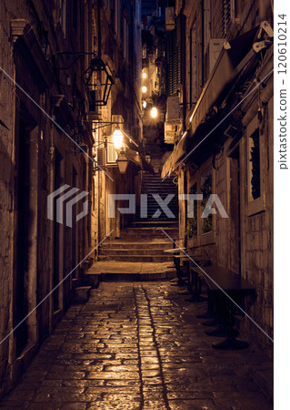 Street in old town of Dubrovnik city at night, Croatia 120610214