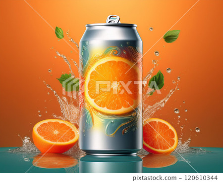 Blank aluminum soda can orange juice mockup drop water with ingredient on orange background 120610344