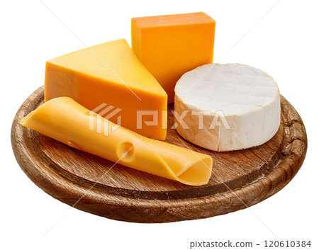 Assorted Cheese Selection on Rustic Wooden Board 120610384